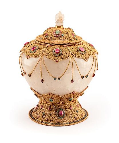 A Gilt Metal Filigree, Ruby and Emerald Mounted Rock Crystal Bowl and Cover Height 14 1/2 inches.