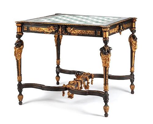 A Neoclassical Gilt and Patinated Bronze Game Table Height 28 1/2 x width 34 x depth 34 inches.