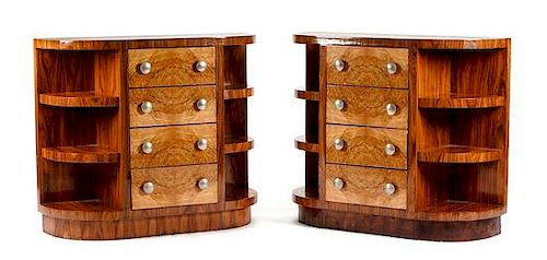 A Pair of Art Deco Style Burlwood Consoles Height 35 x width 41 1/2 x depth 16 inches.