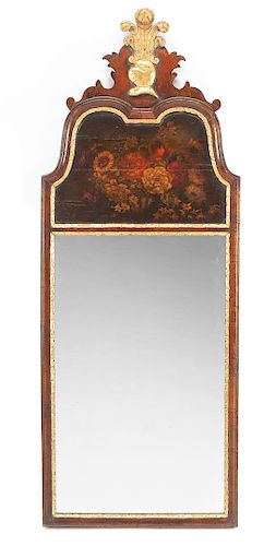 A Queen Anne Style Painted and Parcel Gilt Mahogany Mirror Height 53 x width 19 3/4 inches.