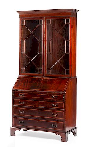 A Georgian Style Mahogany Secretary Bookcase Height 77 x width 36 x depth 18 1/2 inches.