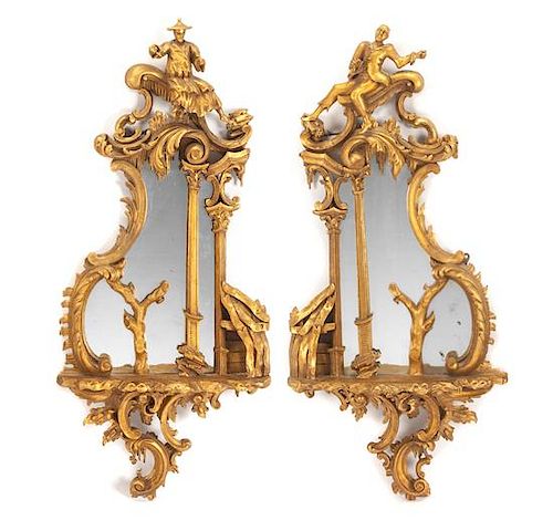 A Pair of Chinese Chippendale Style Giltwood Mirrors Height 44 x width 20 inches.