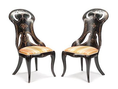 A Pair of Victorian Papier Mache Slipper Chairs Height 35 inches.