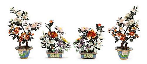 Two Pairs of Chinese Hardstone Floral Arrangements Height of taller pair 18 inches.