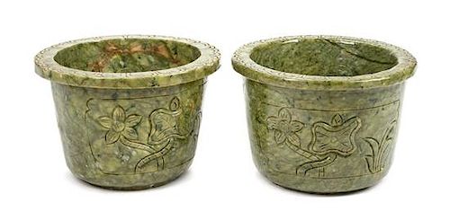 A Pair of Chinese Carved Hardstone Jardinieres Height 8 x width 11 1/2 inches.