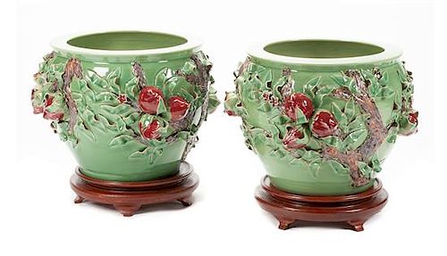 A Pair of Chinese Celadon Porcelain Jardinieres Height 16 1/2 x diameter 23 inches.