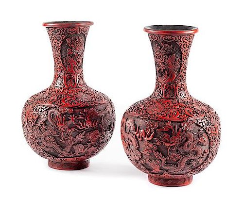 A Pair of Chinese Cinnabar Vases Height 19 inches.
