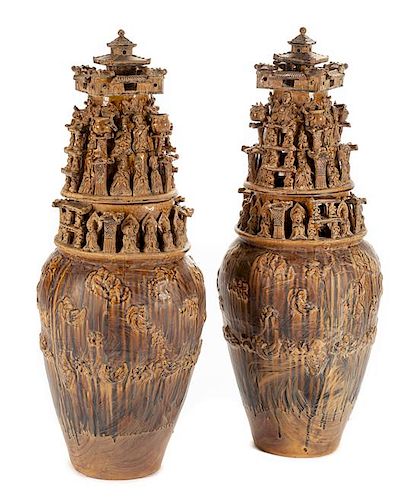 A Pair of Chinese Terra Cotta Covered Urns Height 44 x width 17 inches.
