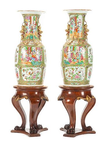 A Pair of Chinese Rose Canton Porcelain Vases Height 31 inches.