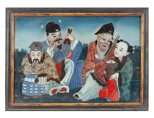 A Chinese Reverse Painted Mirror Height 20 x width 28 inches.