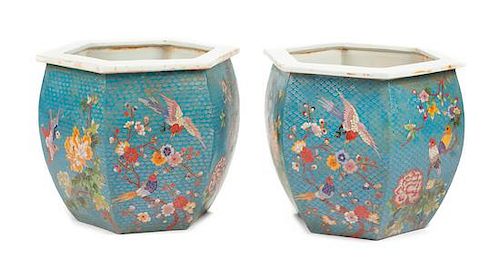 A Pair of Chinese Cloisonne Inlaid Porcelain Jardinieres Height 14 x width 15 inches.