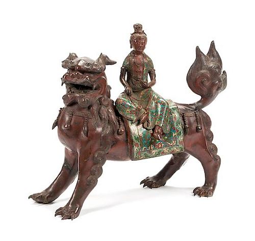 A Chinese Cloisonne Decorated Bronze Figure Height 25 x width 30 inches.