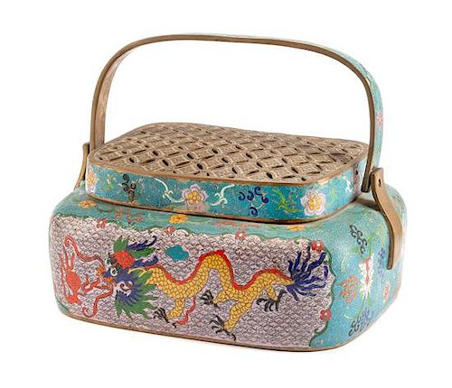 A Chinese Cloisonne Covered Basket Height 6 1/2 x width 13 inches.