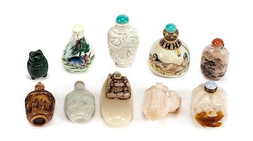 Ten Chinese Snuff Bottles Height of tallest 4 inches.