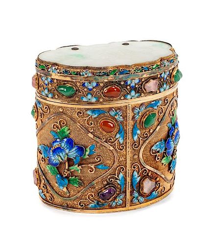 A Chinese Silvered and Enameled Box with a Jadeite Inset Cover Height 4 inches.