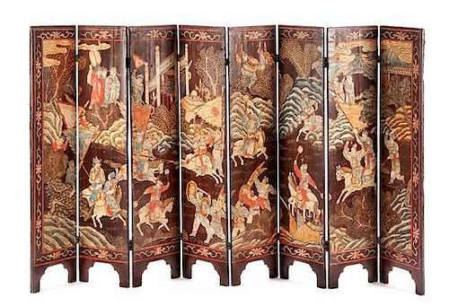 A Chinese Coromandel Eight-Panel Floor Screen Height 43 1/2 x width of each panel 10 inches.