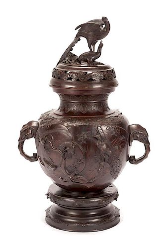 A Japanese Bronze Covered Censer Height 39 x width 25 inches.