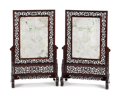 A Pair of Framed Burmese Jade Table Screens Height overall 38 x width 25 1/2 x depth 14 inches.