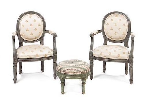 A Pair of Louis XVI Style Childs Fauteuil, Height of pair 24 1/2 inches.