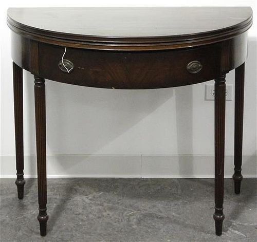 An American Victorian Style Mahogany Flip-Top Tea Table, Height 31 1/4 x width 38 x depth 19 1/2 inches (closed).