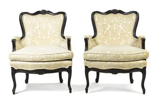 A Pair of Louis XV Style Bergeres, Height 34 1/4 inches.