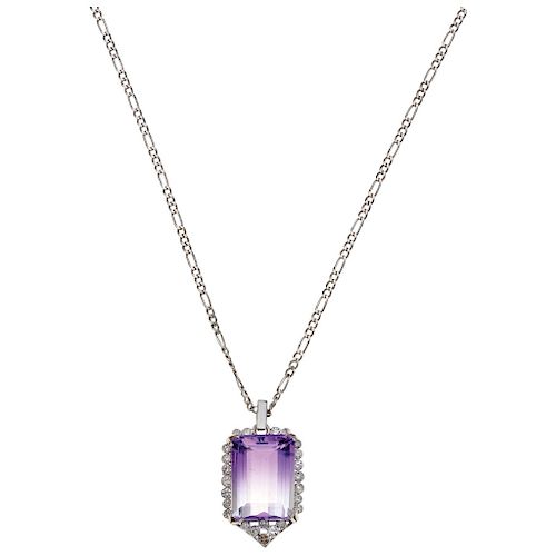 A 14K white gold necklace, and amethyst and diamond pendant.