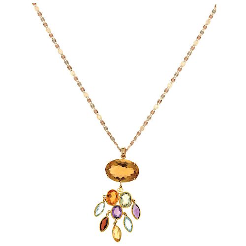 A 14K yellow gold necklace, and citrine, amethyst, topaz, garnet and peridot pendant.