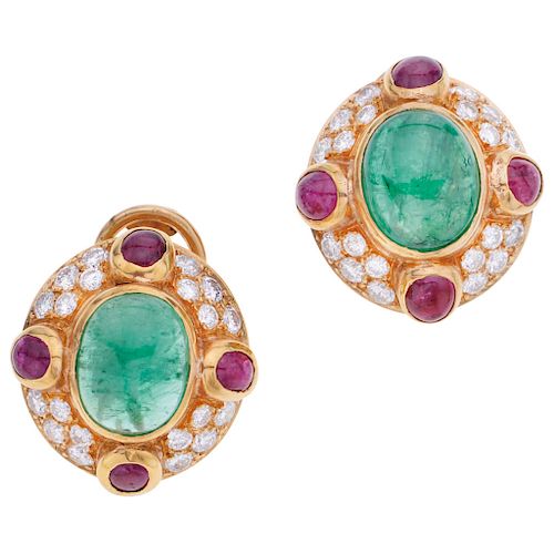 An emerald, ruby and diamond 18K yellow gold pair of earrings.