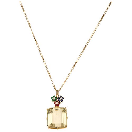 A 14K yellow gold necklace, and quartz, emerald, sapphire, ruby and diamond 14K yellow gold pendant.