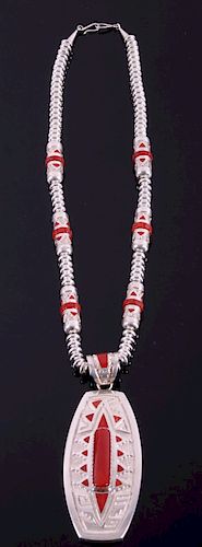Navajo Signed Sterling Silver & Coral Necklace