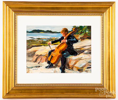 American oil on board of a young man with a cello