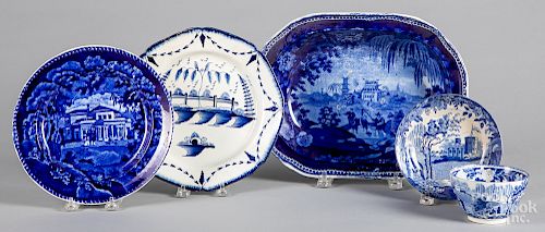Five pieces of blue and white Staffordshire