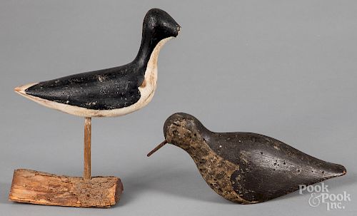 Two carved and painted shorebird decoys