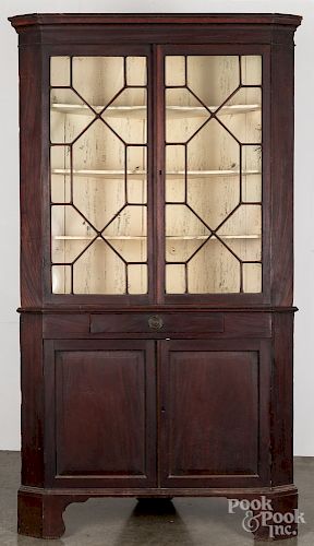 English mahogany two-part corner cupboard