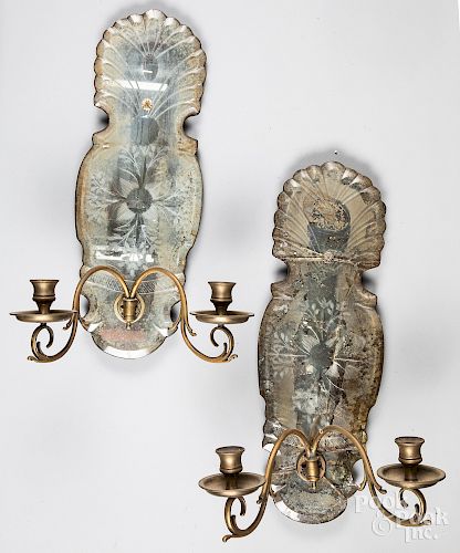 Pair brass and etched glass sconce