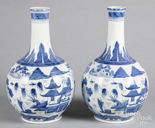 Pair of Chinese Canton porcelain bottle vases