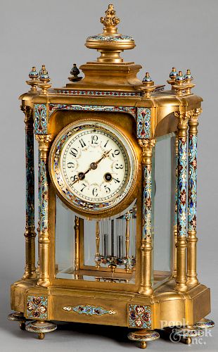French cloisonné and brass mantel clock