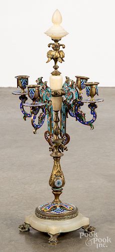 Brass, cloisonné and alabaster candelabrum