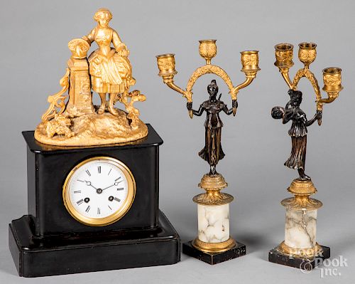 French slate and gilt metal mantel clock, etc.