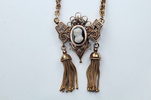 14k Gold Necklace & Carved Cameo Pin Combo