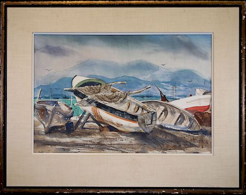 Jay Omelia 20th C. W/C of Beached Fishing Boats