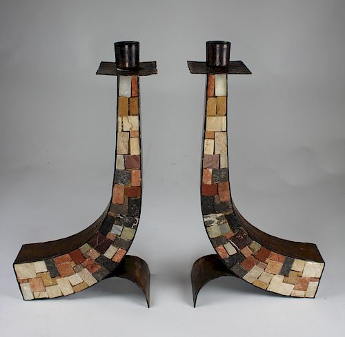 Pair of Copper & Stone Eilon Mosaics Candlesticks