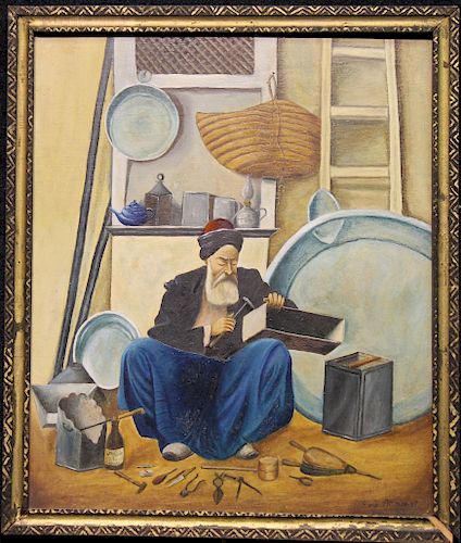 Signed, 20th C. Middle Eastern Man in Workshop