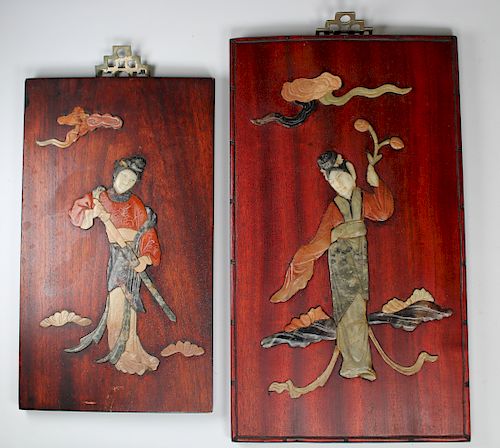 (2) Chinese Hardstone/Wood Figural Plaques
