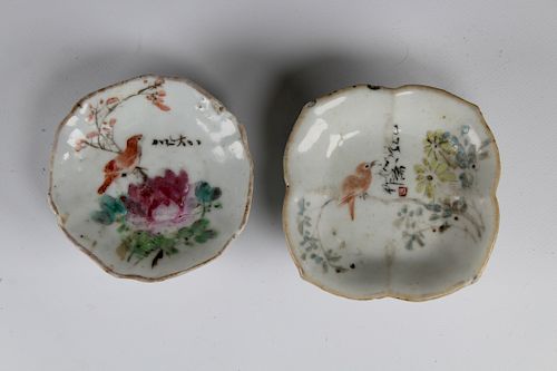 (2) Antique Chinese Porcelain Bird Dishes, Signed