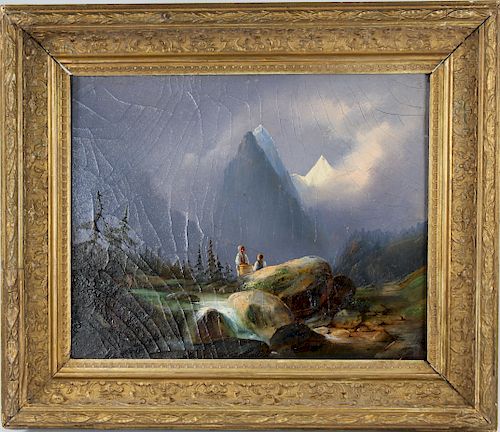 Signed, 19th C. Mountainous Landscape w/ Figures