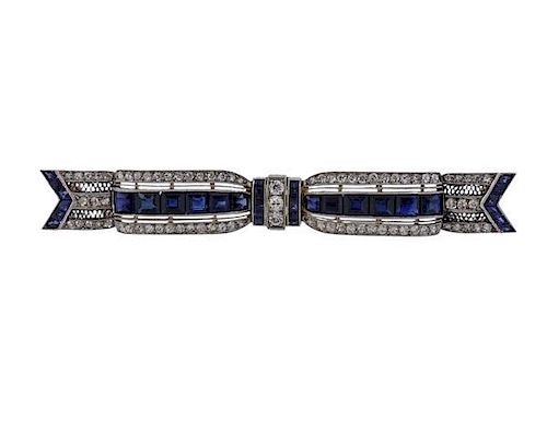 Platinum 18K Gold Diamond Sapphire Bow Brooch