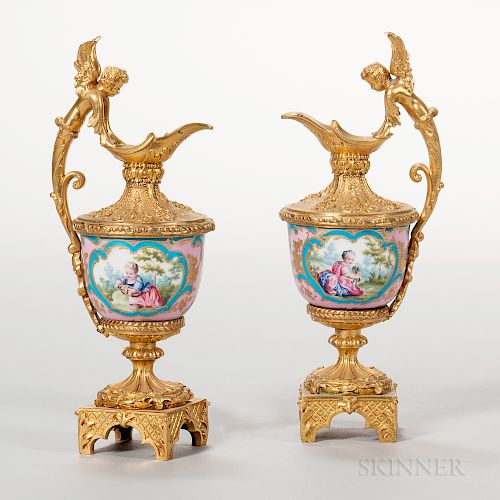 Pair of Miniature Gilt-bronze-mounted Porcelain Ewers