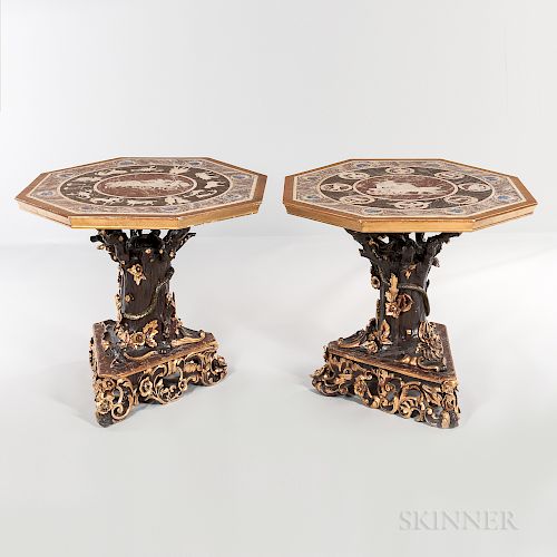 Pair of Grotto-style Carved and Painted Center Tables