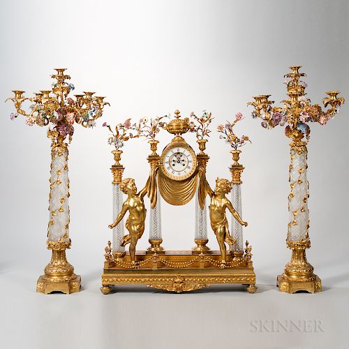 Assembled Empire-style Dore Bronze, Crystal, and Porcelain Three-piece Clock Garniture